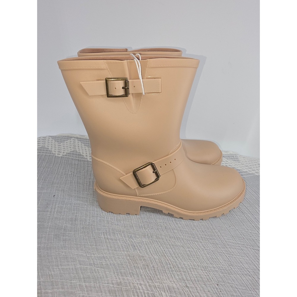 Serra Ladies Spring Rain Boots Beige Tan Buckle Mid Calf Waterproof Size 9 NEW